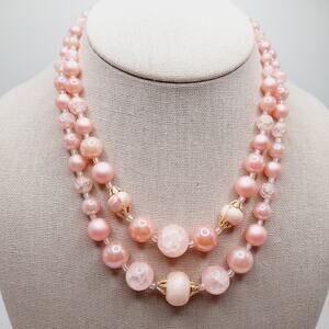 Vintage Japan 1950s Pink Pearl Bead 2 Strand Necklace 16” Signed Hook